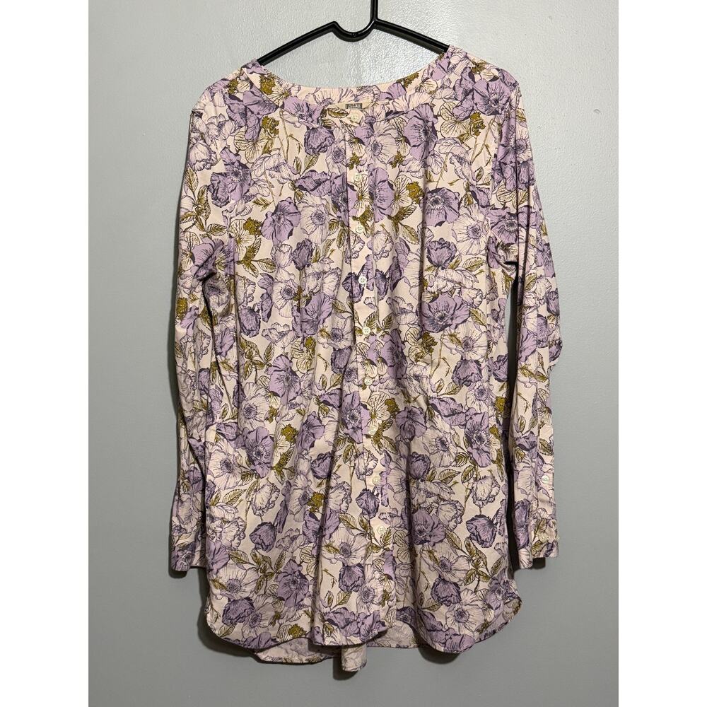 Duluth Trading Co Womens XL Floral Tunic Blouse Purple Cotton Stretch Pockets